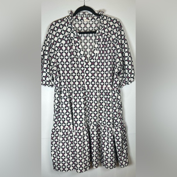 JODIFL Navy and Pink Circle Pattern Dress. Tiered Dress. Midi Length. Mod. Twee. - Picture 1 of 8